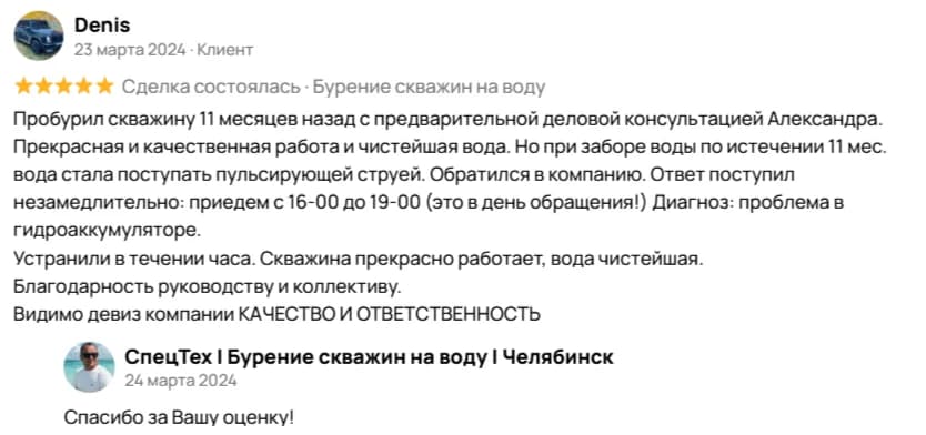 Скриншот отзыва Denis на Авито о бурении скважины и обслуживании